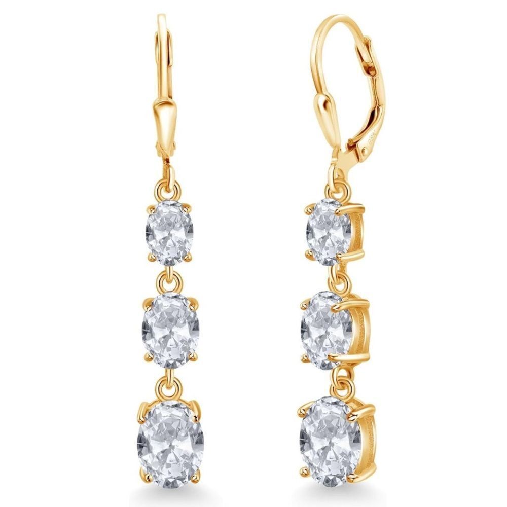 18K Yellow Gold with 6.20 Cttw 3 Stone White Topaz Dangling Leverback Earrings